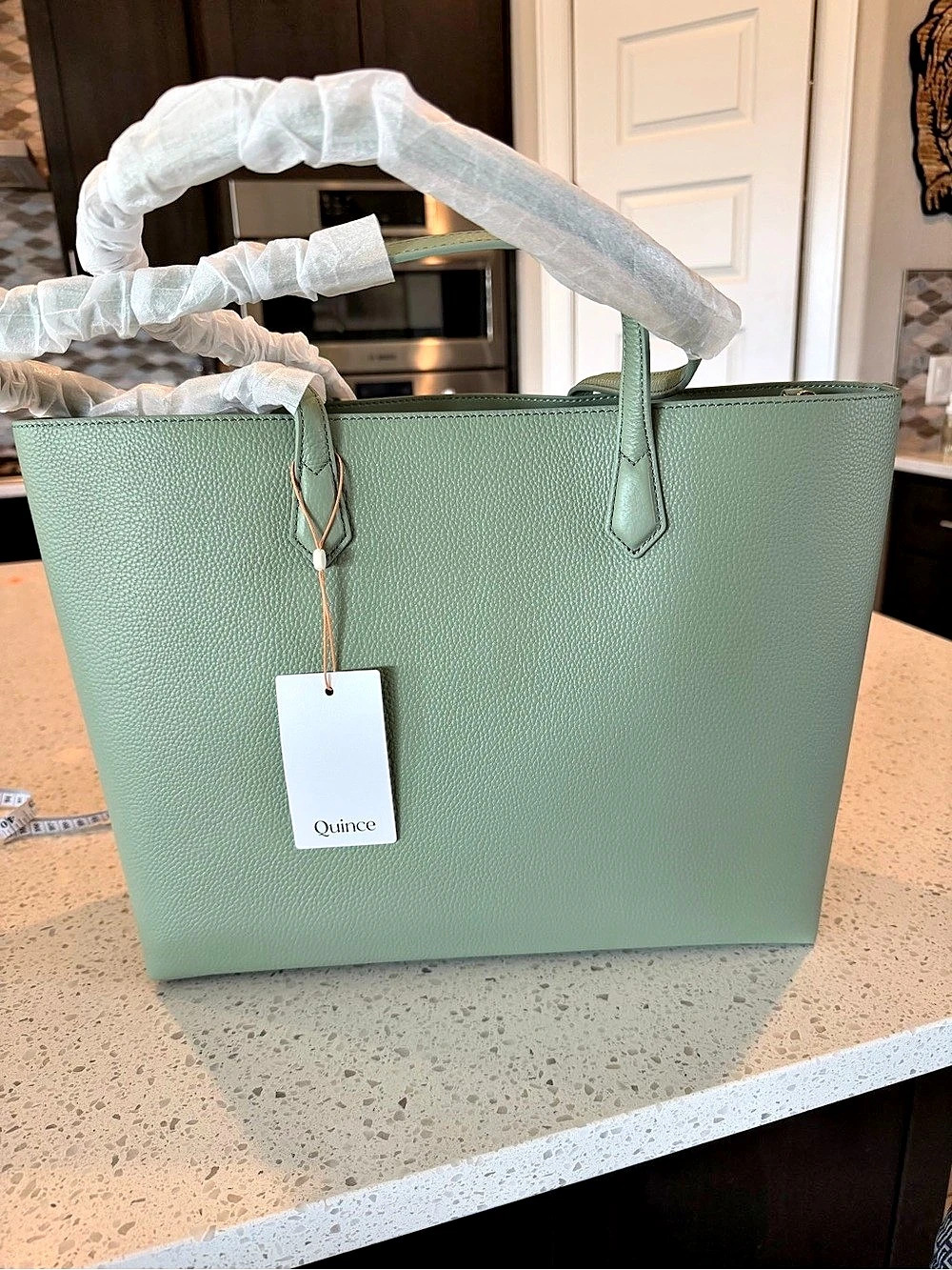 Quince Leather Adeline Shopper Triple Compartment Tote Pistachio Green